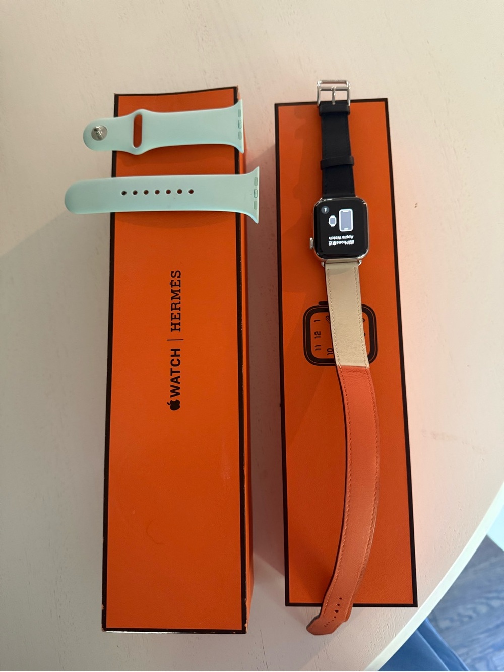 Apple Hermès Watch with Orange Hermès Leather Band and Mint Green Sport Strap - Picture 1 of 3